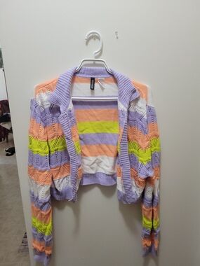 H&M Divided Striped Open-Knit Cropped Cardigan in Lavender, Peach & White